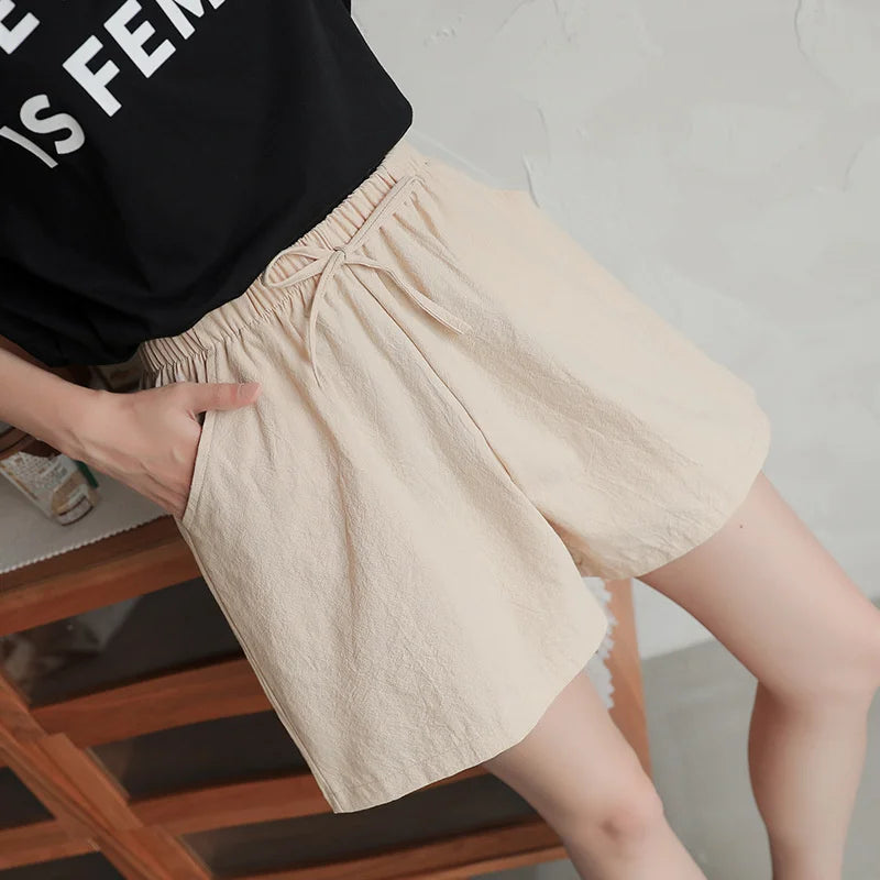 Summer Cotton Linen Shorts Women's Sports Shorts Solid High Waist Black Shorts Women Fashion Casual Basic Short.