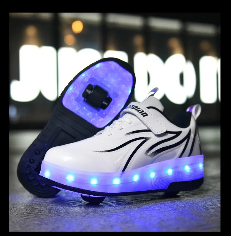 YUNICUS Led Light Boys Girls Shoe USB Charging Black Two Wheels Luminous Sneakers Roller Skate Shoes for Children Kids Led Shoes.