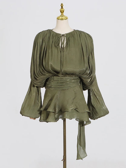 GALCAUR Solide Lose Splicd Lace Up Kleider Für Frauen V-ausschnitt Mit Langen Ärmeln Patchwork Rüschen Tunika Kleider Weibliche Mode Neue