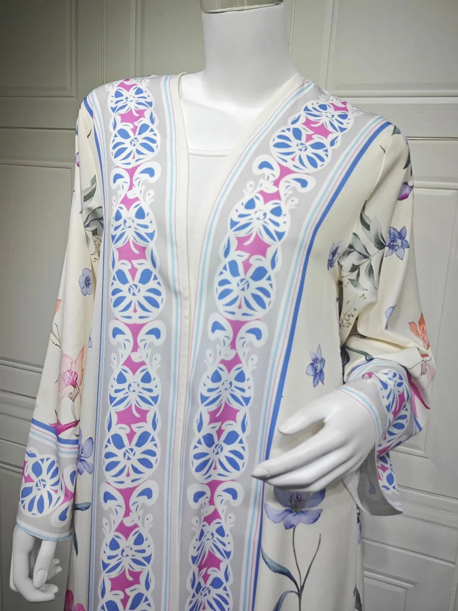 Muslim Women Dubai Abaya Luxury Floral Print Kimono Cardigan Hijab Long Dress Kaftan Ramadan Robe Femme Islam Clothing Kebaya.