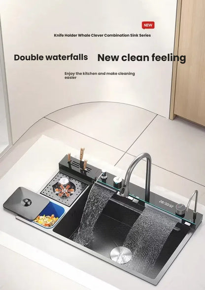 Smart Digital Display Waterfall Faucet Kitchen Sink With Knife Holder and Trash Can Household Wash Dish Basin Large Single Slot