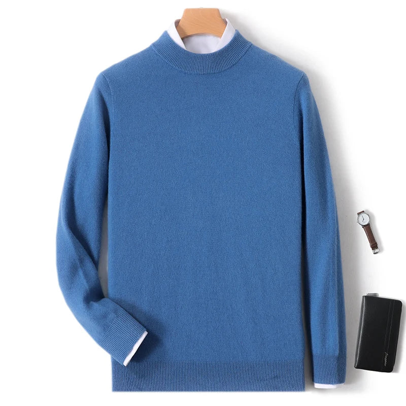 100% Pure Merino Wool Men's Semi High Neck Pullover Solid Color Plus Size Casual Sweater Autumn And Winter Sports Cashmere Top.