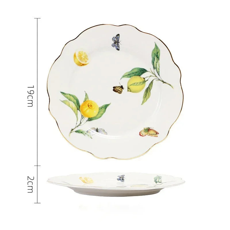 Europeanc Style Ceramic Dining Plate Elegant Lemon Pattern Dinner Steak Plate Coffee Cup Set Western Cuisine Dessert Plate.