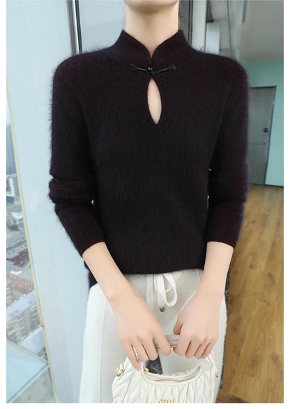 2024 autumn winter new 100% mink cashmere sweater women's pullover slim-fit long sleeve solid color stand collar bottom knitwear