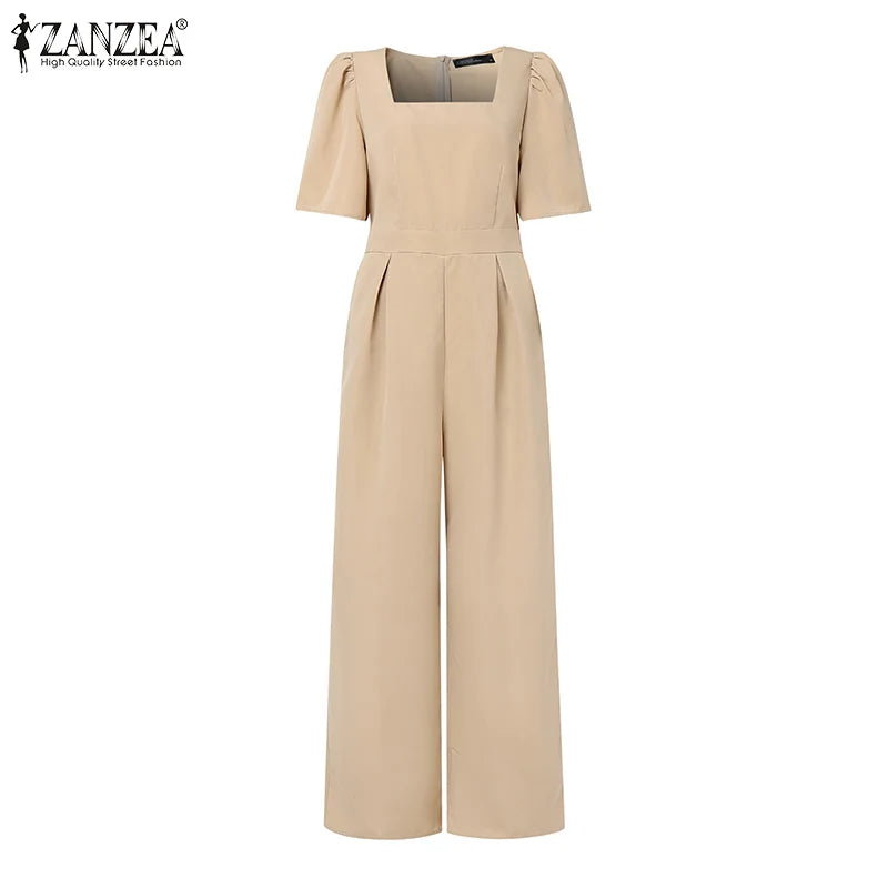 ZANZEA Street Fashion Elegant Womens Jumpsuits Sqaure Neck Short Sleeve Fitted Waist Wide Leg Pant Overalls Summer Streetwear.