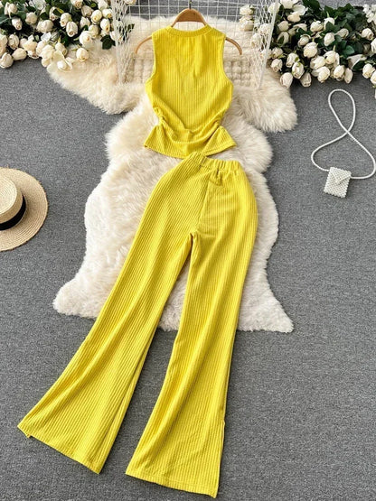Korean Suits Women's Two Piece Set Summer Slim Fit Sleeveless O-neck Tops High Waist Slits Trousers Two-piece Suit Female D1109.