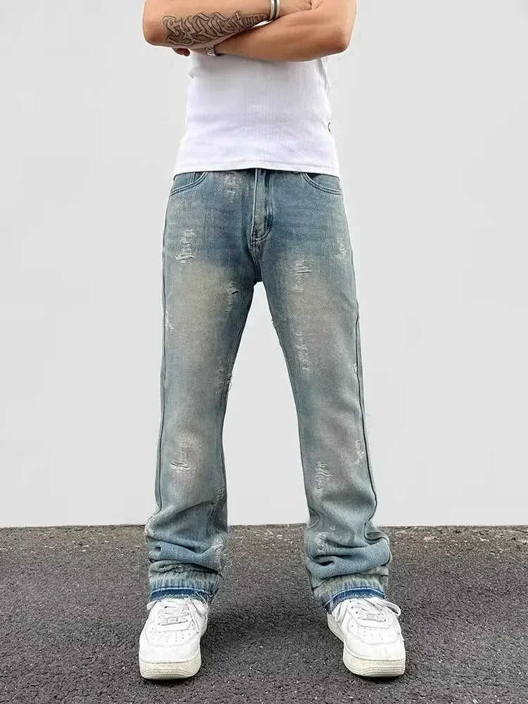 Loose Men's Straight Leg Jeans Casual High Street American Style Torn Frayed Hem Wide Leg Pants Trendy Casual Denim Trousers.