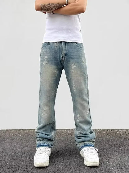 Loose Men's Straight Leg Jeans Casual High Street American Style Torn Frayed Hem Wide Leg Pants Trendy Casual Denim Trousers.