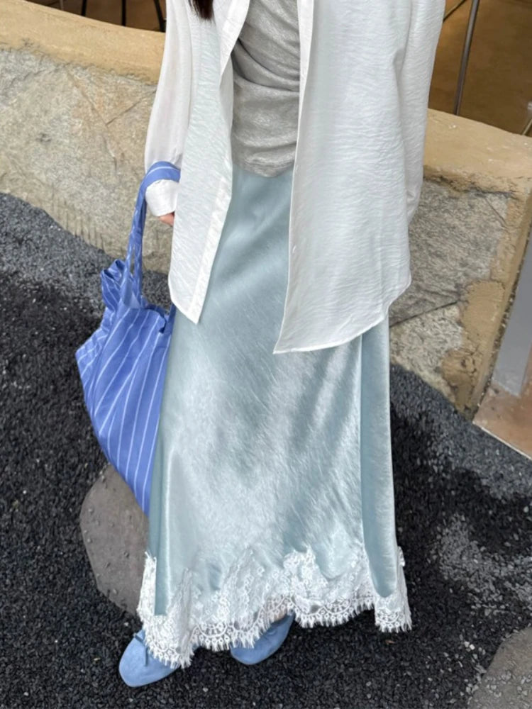 Satin Lace Patchwork Midi Skirt 2025 Women A-line Elegant Smooth Skirt Women Clothing.