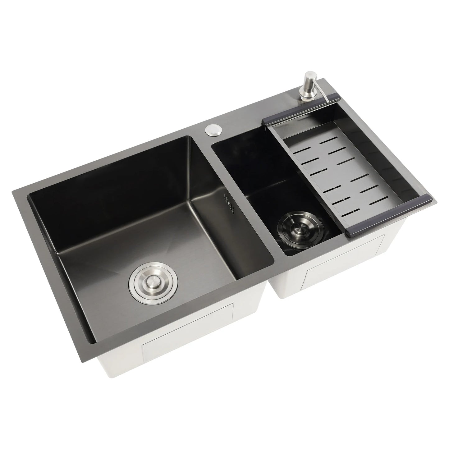 Edelstahlspüle, moderne Küchenspüle, Black Diamond 7843PB, Doppelspüle, Abfluss + Seifenspender zum Reinigen von Geschirr und Gemüse