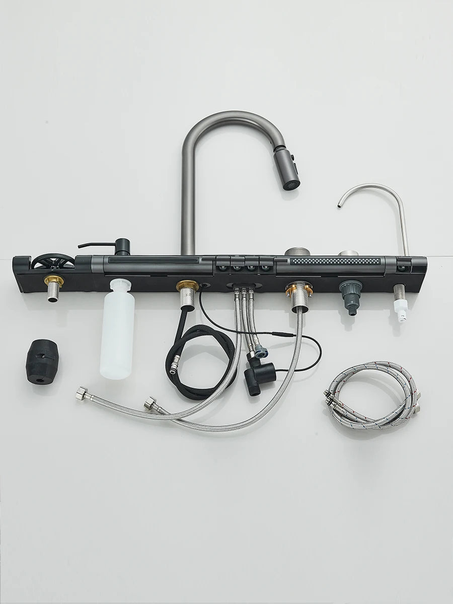 Küchenspüle aus Edelstahl 304, doppelter Wasserfall, Einzelschlitz, integrierte Digitalanzeige, Wasserhahn-Set, Seifenspender, Tassenwascher