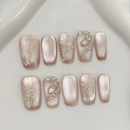 10Pcs Sweet Cute Handmade Press on Nails Flower Butterfly Fake Nails Glossy Diamond False Nails Full Cover Acrylic Nail Tips Art.