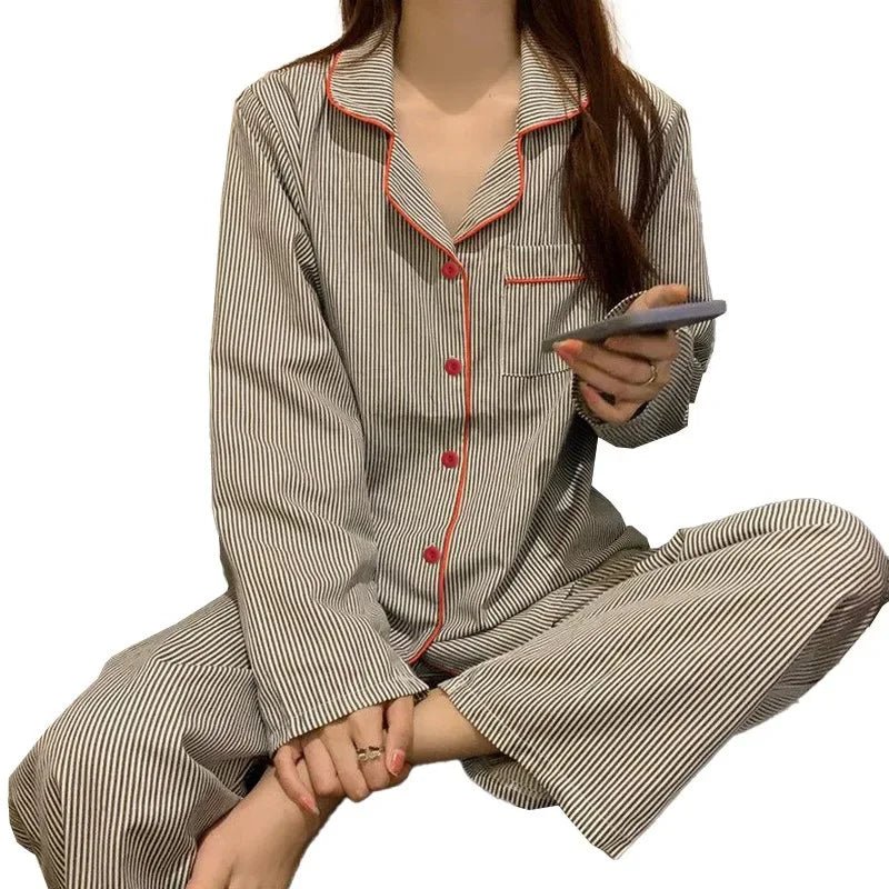 2 Teile/satz frauen Langarm Lose Atmungs Student Nachtwäsche Loungewear Strickjacke Grau Gestreiften Mädchen Mode Pyjamas Homewear.
