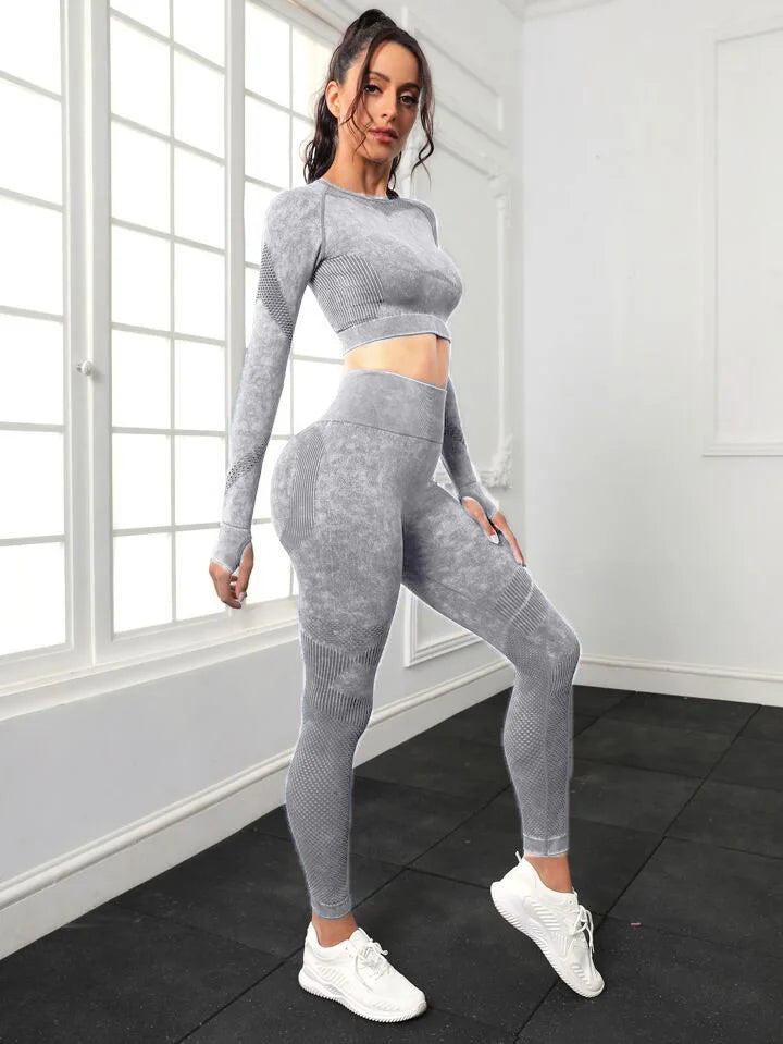 Mileegirl 2pcs Gym Sets Women Seamless Sports Pants Hollow Out Long sleeves Top Fitness Winter Fall Workout Legging Warm Outifts