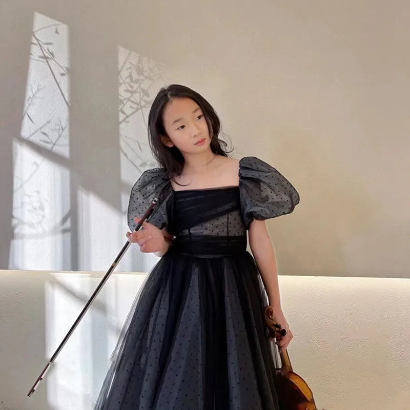Mädchen Abendkleid für Kinder Elegante Schwarz Vintage Puff Hülse Kleider Teenages Party Kleider Kinder Violine Leistung Vestidos.