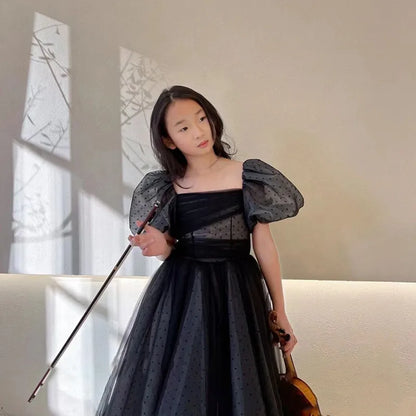 Mädchen Abendkleid für Kinder Elegante Schwarz Vintage Puff Hülse Kleider Teenages Party Kleider Kinder Violine Leistung Vestidos.