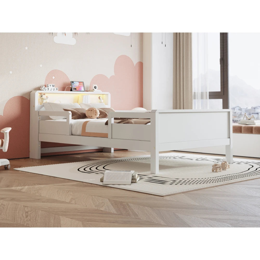 Multifunktions-Holzbett, USB- und Tape-C-Kombinationssteckdose, kleines LED-Licht, Kopfteil mit Einlagerfunktion, Einzelbett