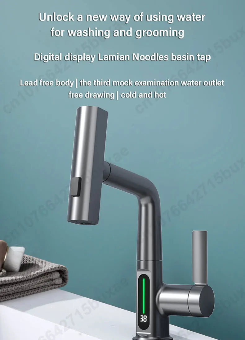 Waterfall Pull Out Kitchen Faucet White Intelligent Digital Display Cold Hot Mixer Taps Rotatable Sink Lifting Basin Faucet