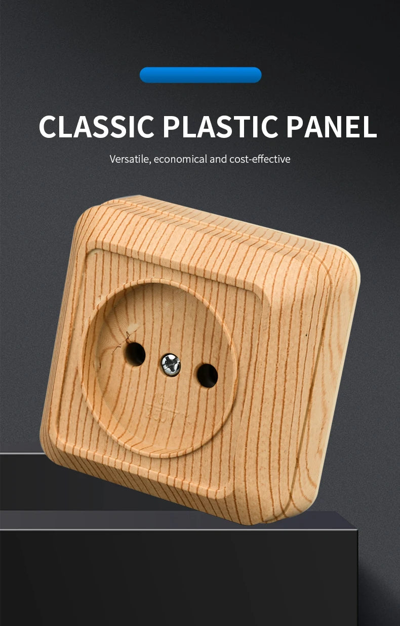 WESA Holz-Wandsteckdose, EU-Standard, Steckdose, Vintage-Imitation, Holzfarbe, Steckdose, flammhemmender Kunststoff.