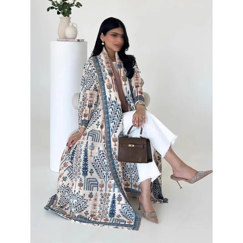 Abaya Miyake Pleated Printed Robe Jacket Arabian Dubai Style Women's Long Sleeve Conservative Demure Muslim Trench Coat 55inches