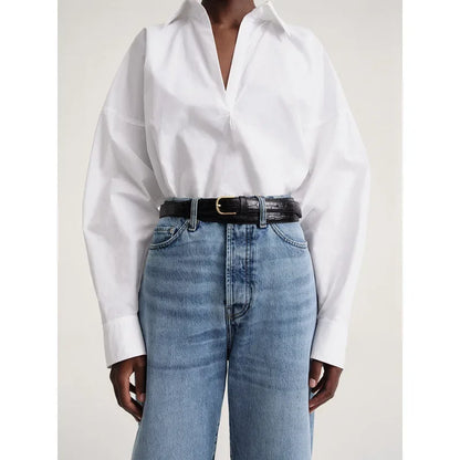 LUXURY Women's Vertical Striped Shirt, Short Front and Back, Short, Vertical Striped Shirt, Loose Long Sleeve, Commuter Style