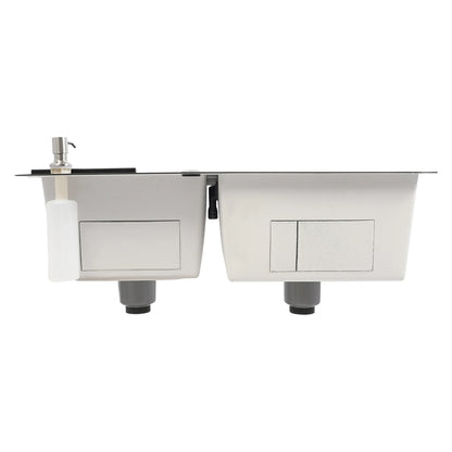 Schwarze Spüle aus Edelstahl 304, Doppelschüssel-Küchenspüle mit Seifenspender und Abflusskorb, großes Spülbecken