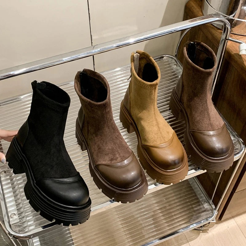 Vintage Platform Splicing Woman Ankle Boots Design Back Zippers Thick Sole Shoes  2025 Autumn Winter Short Botas Para Mujer.