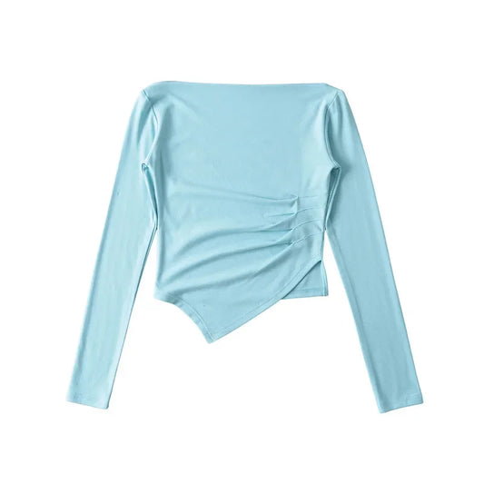 Slim Fit Long Sleeve T-Shirt Women's Shoulder Bared One-Shoulder Design Crease Asymmetrical Pure Desirable Spicy Girl Style.