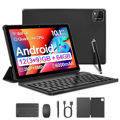 BAKEN 10-inch Android 15 tablet, quad-core processor, 12GB (3+9 expansion) RAM + 64GB storage, 5G WiFi, 1280*800 dual cameras.