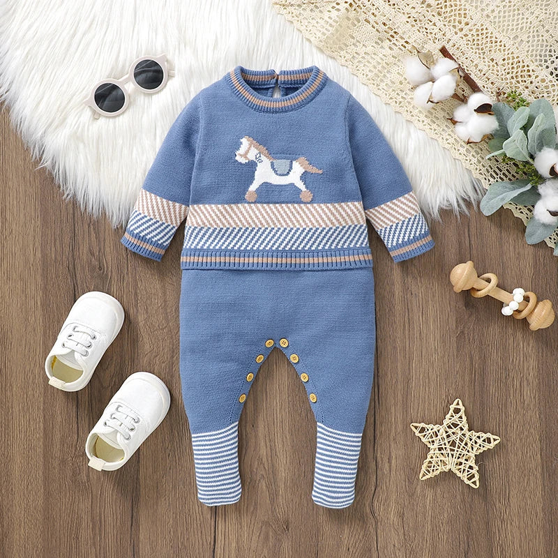 Baby Strampler Blau Langarm Stricken Neugeborenen Jungen Overalls Playsuits Herbst Winter Infant Unisex Outfits Ein Stück Kinder Kostüme.