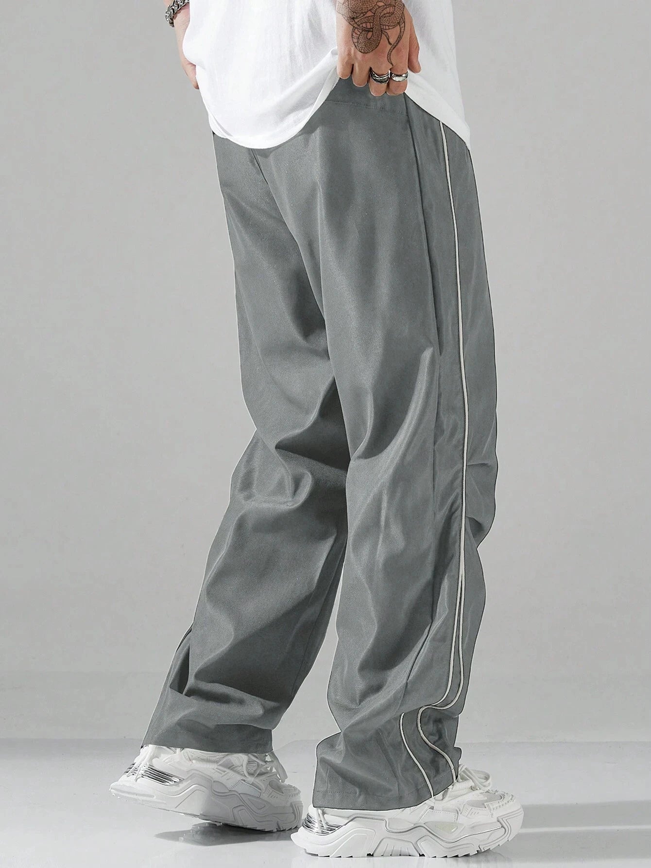 Larbulse Men Contrast Trim Trouser Fashion Casual Pants Solid Color Breathable Loose Straight Drawstring Pants Streetwear.