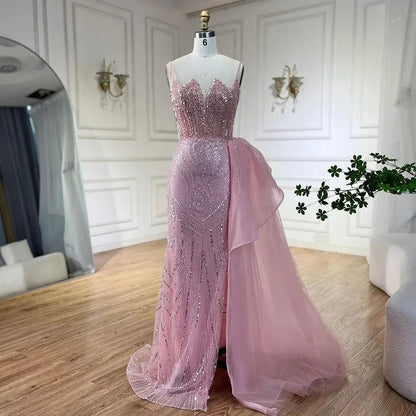 SERENE HILL Maßgeschneiderte 2025, türkisfarbene Spaghettiträger, luxuriöse Perlen-Abendkleider, Meerjungfrau, Schlitz, Überrock, Party, GLA 72378