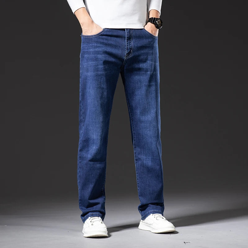 Große Größe 40, 42, 44, 46, lockere, gerade Jeans für Herren, Herbst, neue Business-Casual-Stretchhose, klassische blaue Denim-Hose für Herren.