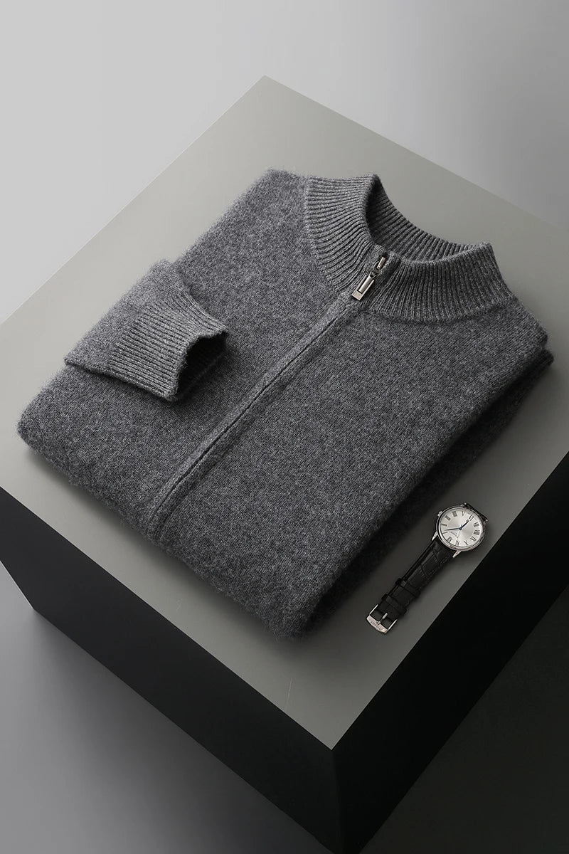 100% Merino Wool Men's Warm Sweater Mock Collar Thickened Zippered Cardigan Autumn Winter New Cashmere Knitted Long Sleeve Tops