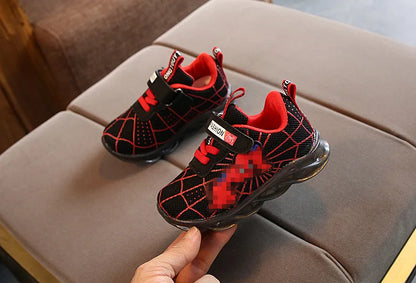 Disney LED Casual Sneakers Red Black For Spring Boys Spider-man Mesh Outdoor Shoes Children Lighted Non-slip Shoes Size 21-30.