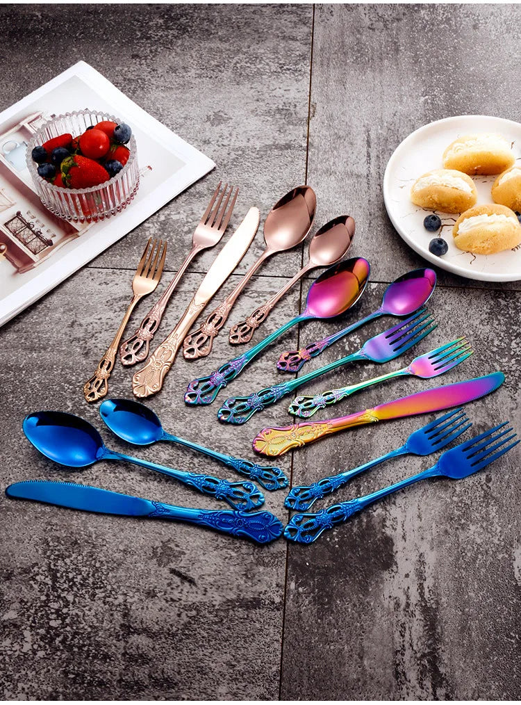 Golden Stainless Steel Cutlery Set Royal European Spoon Fork Complete Tableware Retro Design Dishwasher Safe Elegant Flatware.