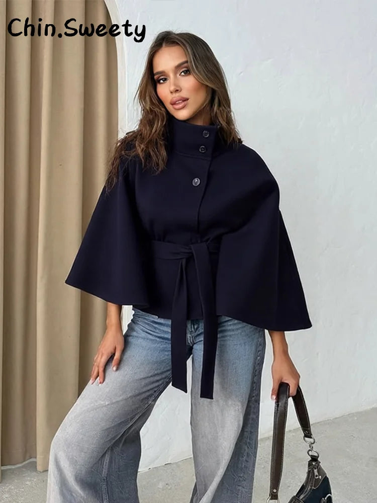 Straße Batwing Hülse Cape Gürtel Mäntel Frauen Lose Solide Stehkragen Einreiher Jacke 2025, Herbst Dame Alle-spiel chic Mantel.