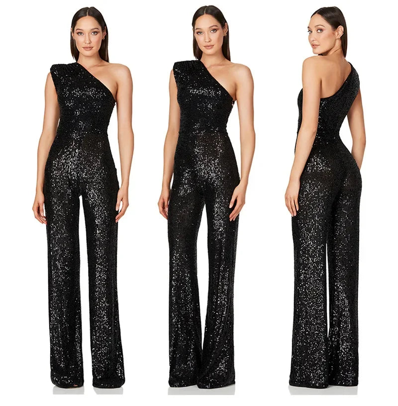 Women Elegant Long Jumpsuits Sexy Glitter Sequin Club Ladies Playsuits Slanted Collar Party Fashion Backless Solid Romper 2024.