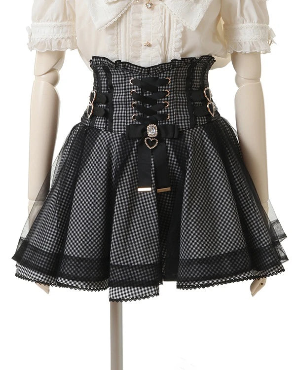Japanese Liz New Summer Lace Edge Leather Ring High Waist Pleated Skirt Ribbon Bow All-match Short Skirts Big Bow Lolita Blouses.