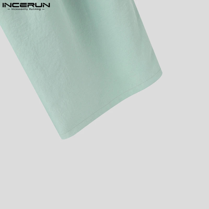 INCERUN Summer Men's Sets Solid Color Sleeveless Tops Tee Buttons Summer Long Pants Male Two-piece Suits Streetwear 2PCS S-5XL