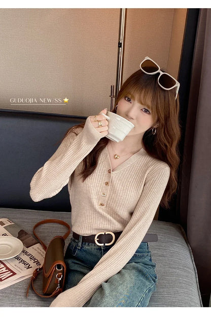 2023 herbst Winter Frauen Pullover Beiläufige Dünne Taste Gestrickte Pullover Pullover Femme Grundlegende Solide Jersey Tops Mode Kleidung