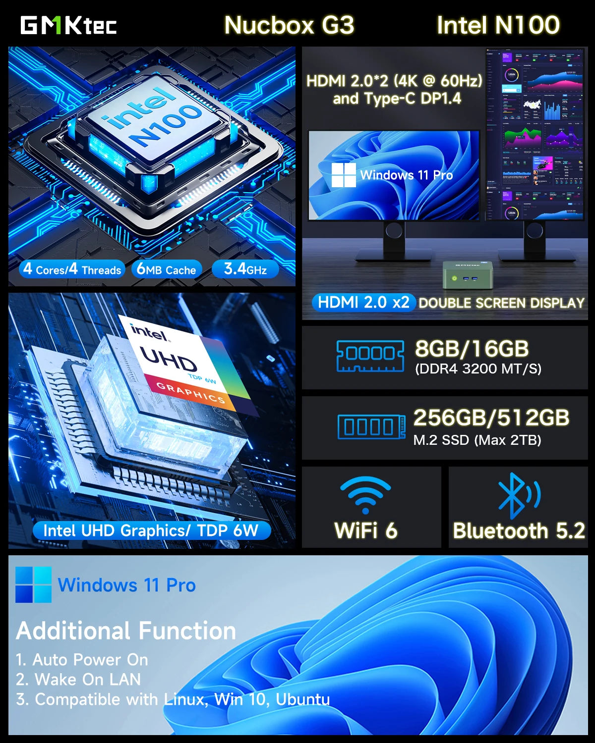 GMKtec G3 Mini PC Intel Alder Lake N100 Windows 11 Pro Desktop Computer 8/16GB RAM 256/512GB PCIe M.2 SSD WiFi 6 BT5.2 Mini PC.