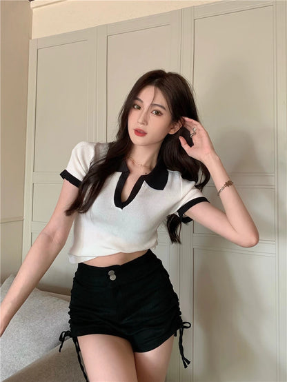 Jielur Spell Color Polo Knitting Women's Blouses Slim Sexy Short Sleeve Summer New Casual Female Blouse Chic Simple Office Lady.