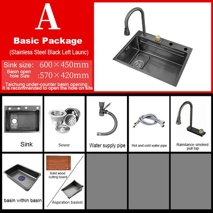 New Stainless Steel Kitchen Sink with Waterfall  Large Single Slot Various Multifunctional Sinks Dish and Vegetable Wash Basin