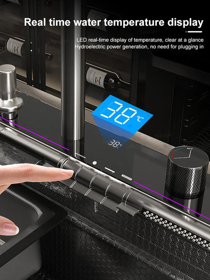 Neue Wasserfall Küchen spüle Edelstahl Multifunktion große Einzels chlitz integrierte Digital anzeige Waschbecken