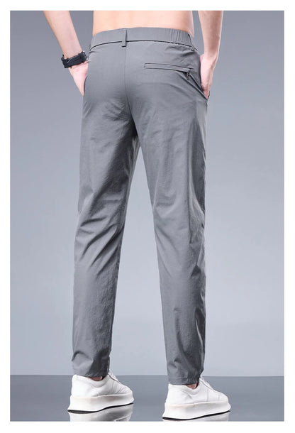 Summer New Business Ice Silk Pants Straight Elastic Waist Black Gray Trousers Breathable Simple Male Clothing Casual Suit Pants.