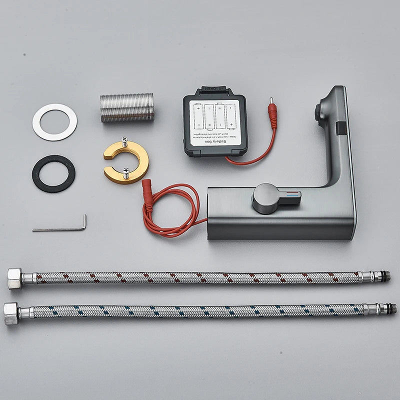 Touchless Sensor Basin Faucet Smart Digital Display Bathroom Sink Faucet Grey Sense Hot Cold Water Mixer Tap Battery Power