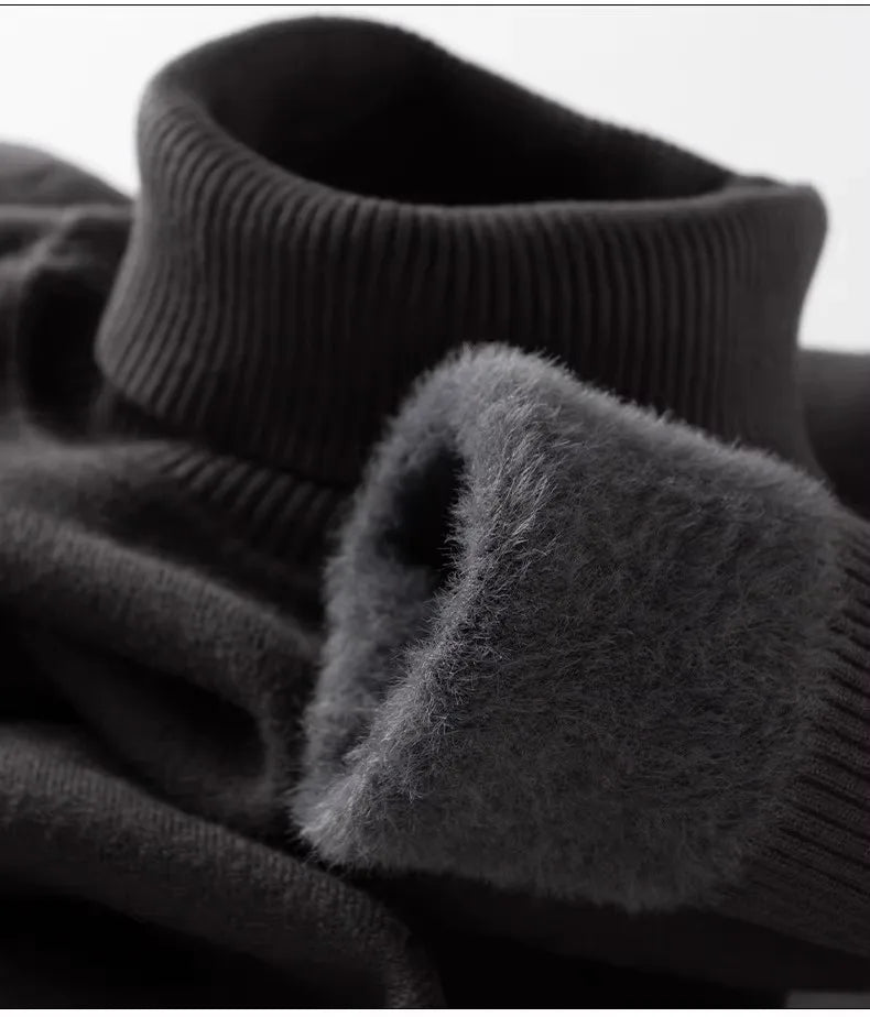 Men‘s Thermal Fleece High-neck Sweater Winter Turn-down Collar Fleece-lined Knitted Pullover Casual Keep Warm Thick Bottom Tops.