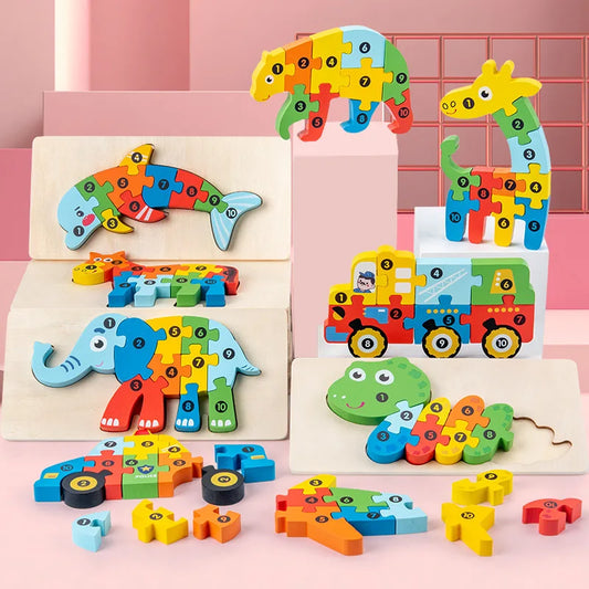 3D Stereoscopic Montessori Wooden Puzzle Cartoon Dinosaur Animal Shape Color Cognitive Educational Game Toy Kids Birthday Gift.