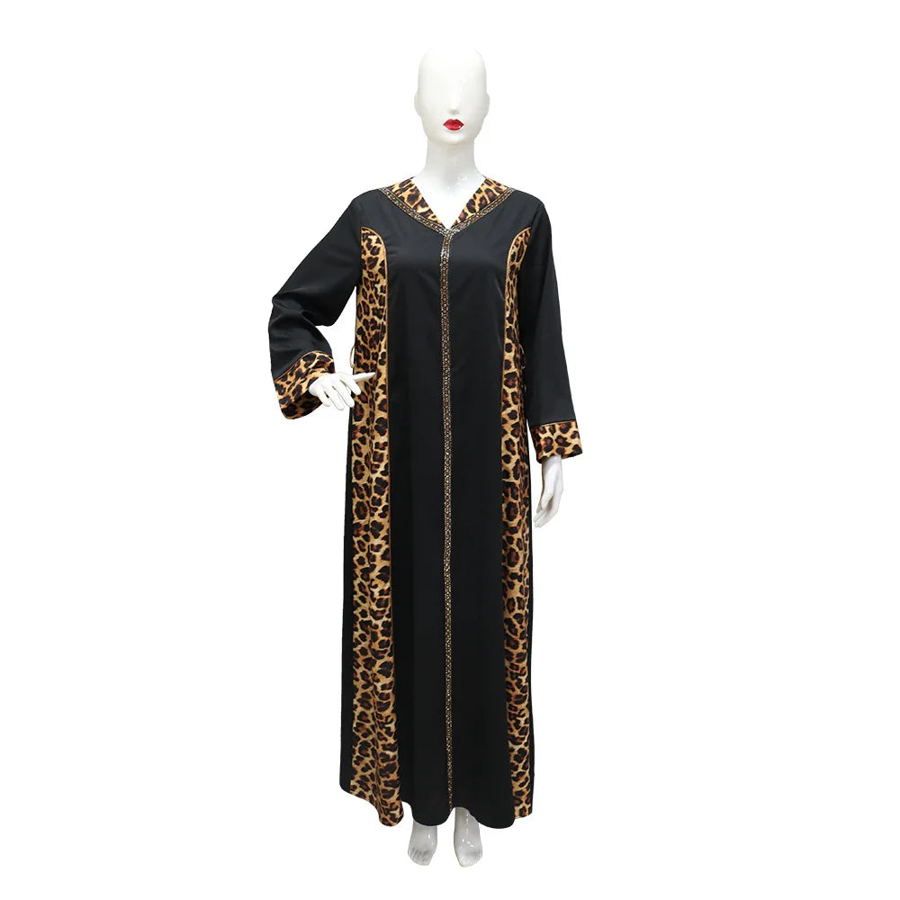 Elegantes arabisches Frauen-Partykleid, afrikanischer V-Ausschnitt, Leopardenmuster, langärmelig, Abaya, modische muslimische Dame, Urlaubskleid, islamische Kleidung